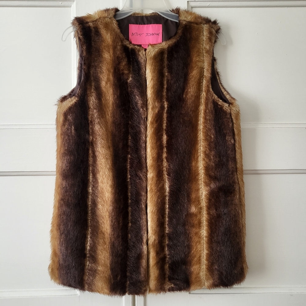 Betsey Johnson Brown Striped Faux Fur Vest Size S Y2K